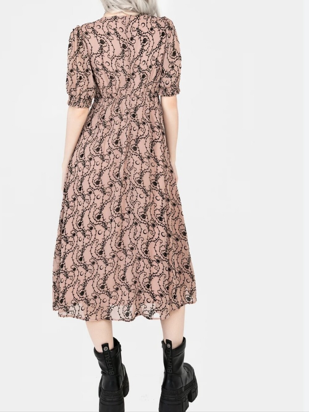 Disturbia Rosethorn Corset Midi Dress Dusty Pink Black Velvet Goth Floral Moon 2 - Picture 7 of 15